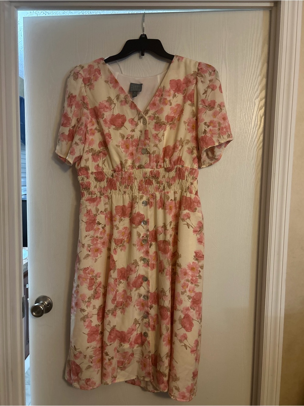 Rabbit Rabbit Rabbit Cream Midi Dress with Pink Floral Pattern